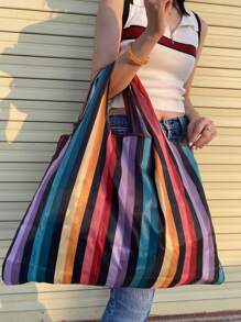 Colorblock Striped Pattern Shopper Bag School Bag,Back To School,Large Capacity,Portable,Classic Casual, Suitable For Teen Girls Women College Students, Perfect For Back To School,College,Elementary School,Middle School, High School,Shopping,Holiday ,Vacation Essentials - Multicolor - View 2