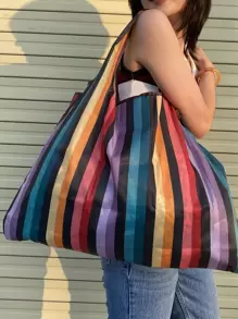 Colorblock Striped Pattern Shopper Bag School Bag,Back To School,Large Capacity,Portable,Classic Casual, Suitable For Teen Girls Women College Students, Perfect For Back To School,College,Elementary School,Middle School, High School,Shopping,Holiday ,Vacation Essentials - Multicolor - View 3