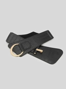 Cinturón elástico con cocodrilo en relieve con hebilla redonda - Negro - Ver 3