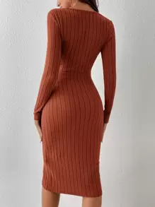 SHEIN Essnce 方領緊身洋裝不附腰帶 - 鏽棕色 - 查看 2