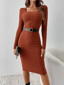 SHEIN Essnce 方領緊身洋裝不附腰帶 - 鏽棕色 - 查看 3