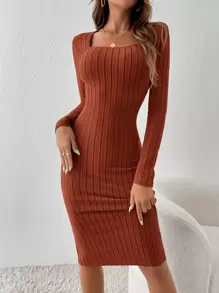 SHEIN Essnce 方領緊身洋裝不附腰帶 - 鏽棕色 - 查看 5