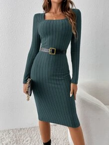 SHEIN Essnce Square Neck Bodycon Dress Without Belt - Dusty Blue - View 3