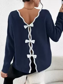 SHEIN Frenchy Bow Back Drop Shoulder Jumper - Navy Blue - View 1