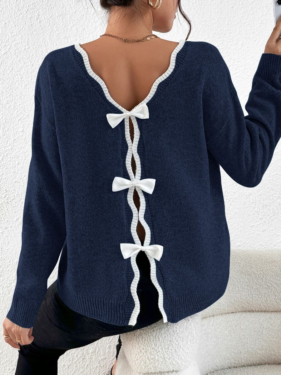 SHEIN Frenchy Bow Back Drop Shoulder Jumper - Navy Blue - View 1