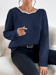 SHEIN Frenchy Bow Back Drop Shoulder Jumper - Navy Blue - View 2