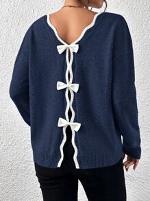 SHEIN Frenchy Bow Back Drop Shoulder Jumper - Navy Blue - View 4