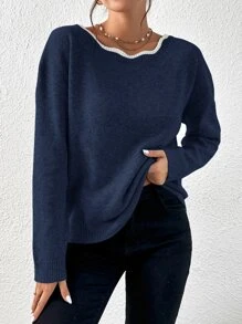 SHEIN Frenchy Bow Back Drop Shoulder Jumper - Navy Blue - View 5