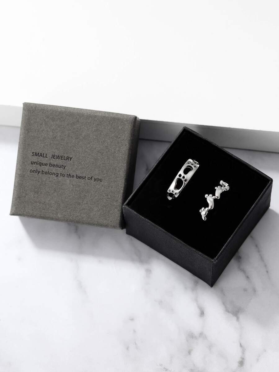 2pcs/set Couple Foot & Hollow Out Detail Ring - Silver - View 1