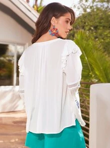 SHEIN VCAY Floral Embroidery Ruffle Trim Flounce Sleeve Blouse - White - View 2