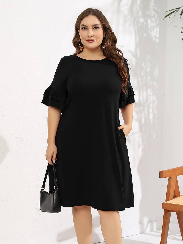 Vestido estilo camiseta unicolor con bolsillo oblicuo - Negro - Ver 5