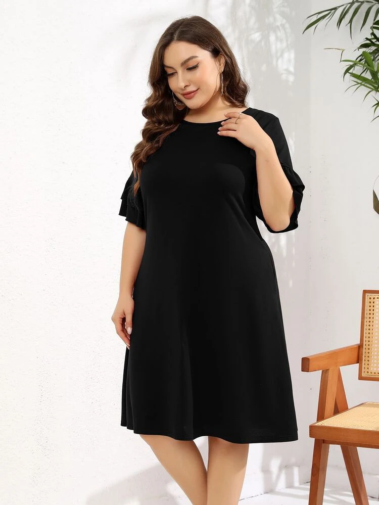 Vestido estilo camiseta unicolor con bolsillo oblicuo - Negro - Ver 6