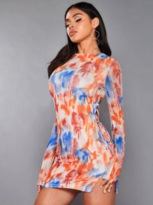 SHEIN BAE Tie Dye Lace Up Side Mock Neck Bodycon Dress - Multicolor - View 2