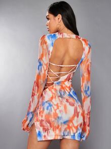 SHEIN BAE Tie Dye Lace Up Side Mock Neck Bodycon Dress - Multicolor - View 1