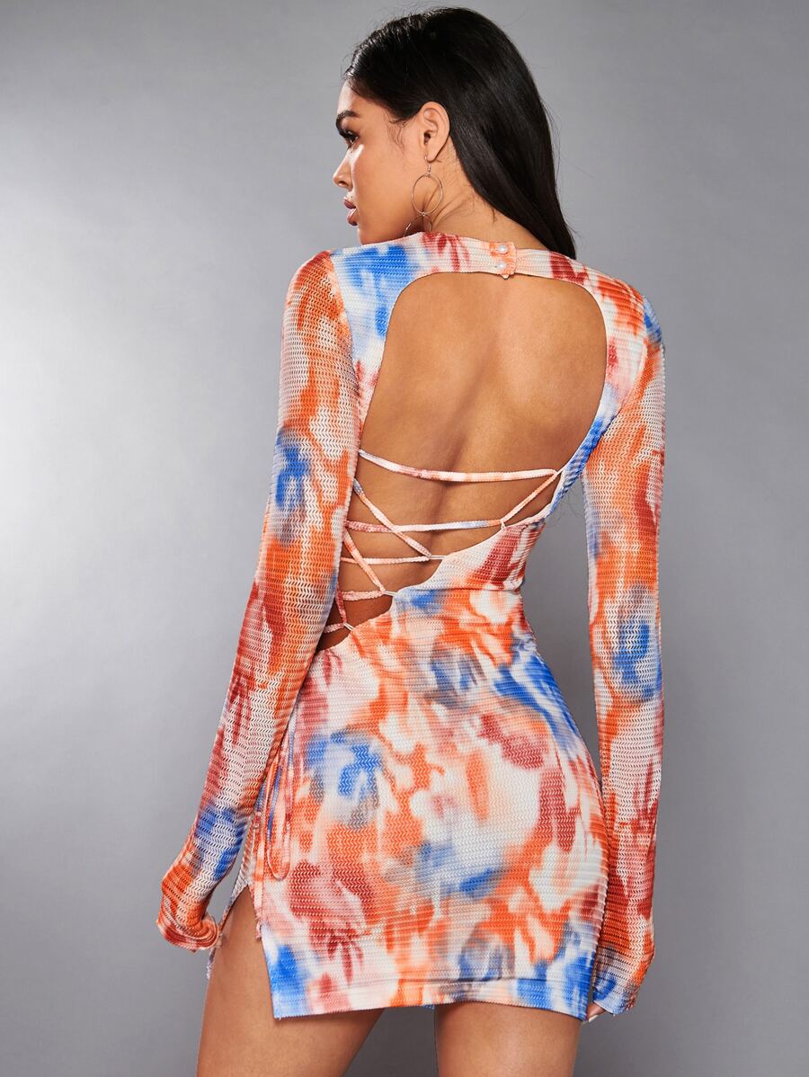 SHEIN BAE Tie Dye Lace Up Side Mock Neck Bodycon Dress - Multicolor - View 1
