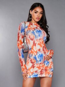 SHEIN BAE Tie Dye Lace Up Side Mock Neck Bodycon Dress - Multicolor - View 3