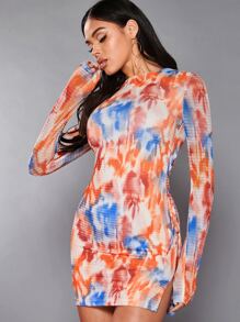 SHEIN BAE Tie Dye Lace Up Side Mock Neck Bodycon Dress - Multicolor - View 6