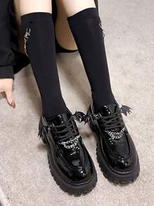 ROMWE Giày Oxford đế bằng buộc dây phía trước kiểu cánh dơi & dây xích cho nữ, giày đế bằng Punk màu đen, giày thu năm mới, ngày lễ, ngày lễ tình nhân - màu đen - Xem 3