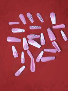 ROMWE 24 piezas ataúd 3d con diseño de diamante de imitación Uña postiza & 1 hoja cinta - Multicolor - Ver 2