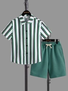 SHEIN Boys Striped Print Shirt & Drawstring Waist Shorts - Multicolor - View 1