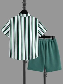 SHEIN Boys Striped Print Shirt & Drawstring Waist Shorts - Multicolor - View 2