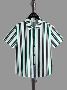 SHEIN Boys Striped Print Shirt & Drawstring Waist Shorts - Multicolor - View 9