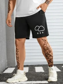 Manfinity Hombres Shorts nube & con estampado de rayo de cintura con cordón - Negro - Ver 1