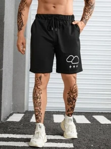 Manfinity Hombres Shorts nube & con estampado de rayo de cintura con cordón - Negro - Ver 4
