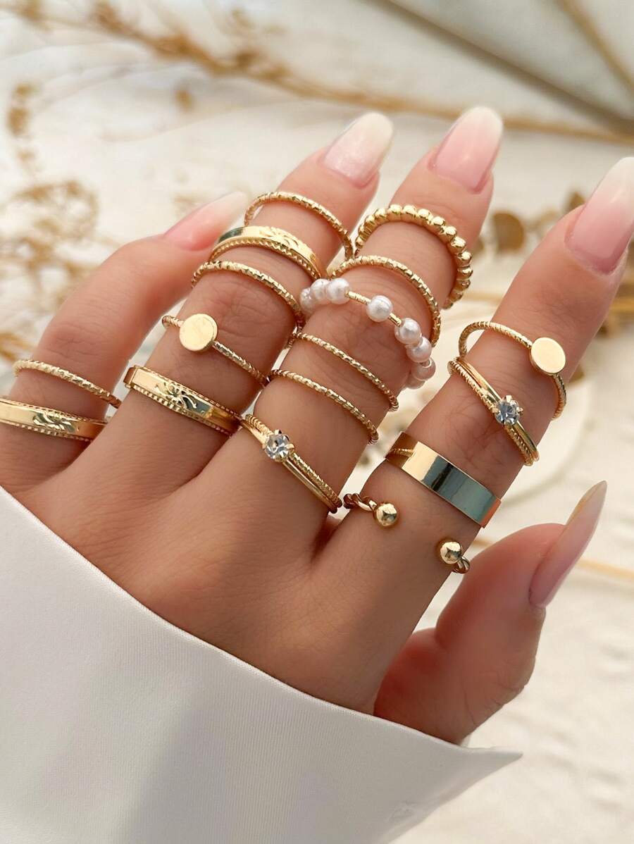 16 件/套人造珍珠和水鑽裝飾戒指 - 金黃色 - 查看 1