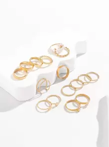 16 件/套人造珍珠和水鑽裝飾戒指 - 金黃色 - 查看 2