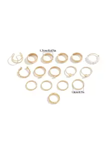 16 件/套人造珍珠和水鑽裝飾戒指 - 金黃色 - 查看 4