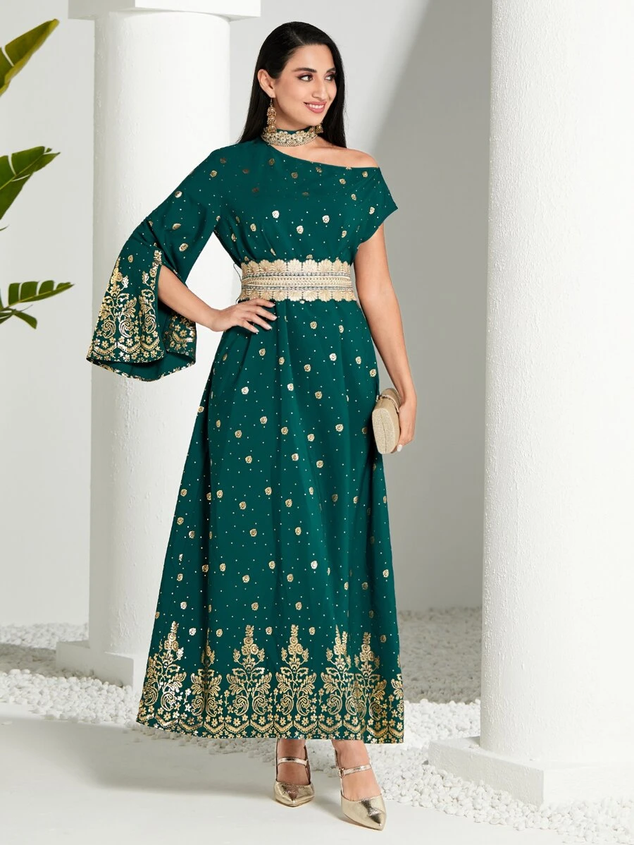 Modelyn Gold Floral Print Asymmetrical Neck Split Sleeve Belted Dress - Dark Green - View 1
