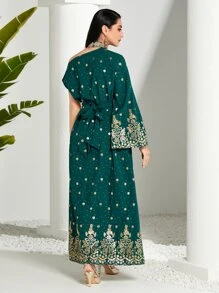 Modelyn Gold Floral Print Asymmetrical Neck Split Sleeve Belted Dress - Dark Green - View 2