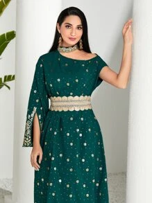 Modelyn Gold Floral Print Asymmetrical Neck Split Sleeve Belted Dress - Dark Green - View 3