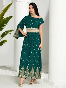 Modelyn Gold Floral Print Asymmetrical Neck Split Sleeve Belted Dress - Dark Green - View 4