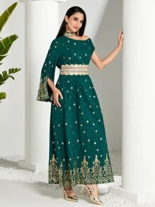 Modelyn Gold Floral Print Asymmetrical Neck Split Sleeve Belted Dress - Dark Green - View 5