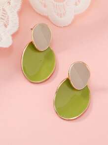 1对椭圆形油滴耳环，适合女性日常通勤佩戴 - 綠色 - 查看 2