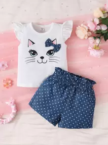 SHEIN Baby Girl Cartoon Graphic Bow Front Ruffle Trim Tee & Polka Dot Print Shorts - Blue and White - View 1