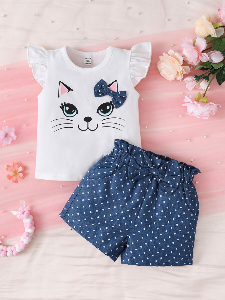 SHEIN Baby Girl Cartoon Graphic Bow Front Ruffle Trim Tee & Polka Dot Print Shorts - Blue and White - View 1