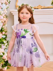 Toddler Girls Floral Print Mesh Overlay Dress - Purple - View 1