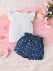 SHEIN Baby Girl Cartoon Graphic Bow Front Ruffle Trim Tee & Polka Dot Print Shorts - Blue and White - View 2