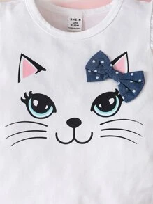 SHEIN Baby Girl Cartoon Graphic Bow Front Ruffle Trim Tee & Polka Dot Print Shorts - Blue and White - View 3