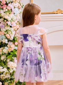 Toddler Girls Floral Print Mesh Overlay Dress - Purple - View 2
