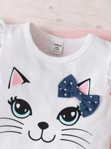 SHEIN Baby Girl Cartoon Graphic Bow Front Ruffle Trim Tee & Polka Dot Print Shorts - Blue and White - View 4