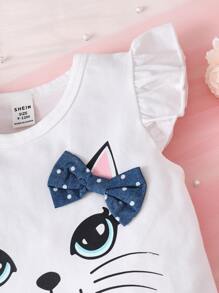 SHEIN Baby Girl Cartoon Graphic Bow Front Ruffle Trim Tee & Polka Dot Print Shorts - Blue and White - View 5