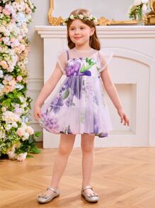 Toddler Girls Floral Print Mesh Overlay Dress - Purple - View 3