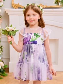 Toddler Girls Floral Print Mesh Overlay Dress - Purple - View 4