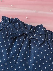 SHEIN Baby Girl Cartoon Graphic Bow Front Ruffle Trim Tee & Polka Dot Print Shorts - Blue and White - View 6