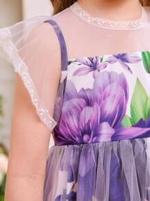 Toddler Girls Floral Print Mesh Overlay Dress - Purple - View 5