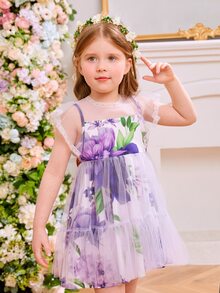 Toddler Girls Floral Print Mesh Overlay Dress - Purple - View 6